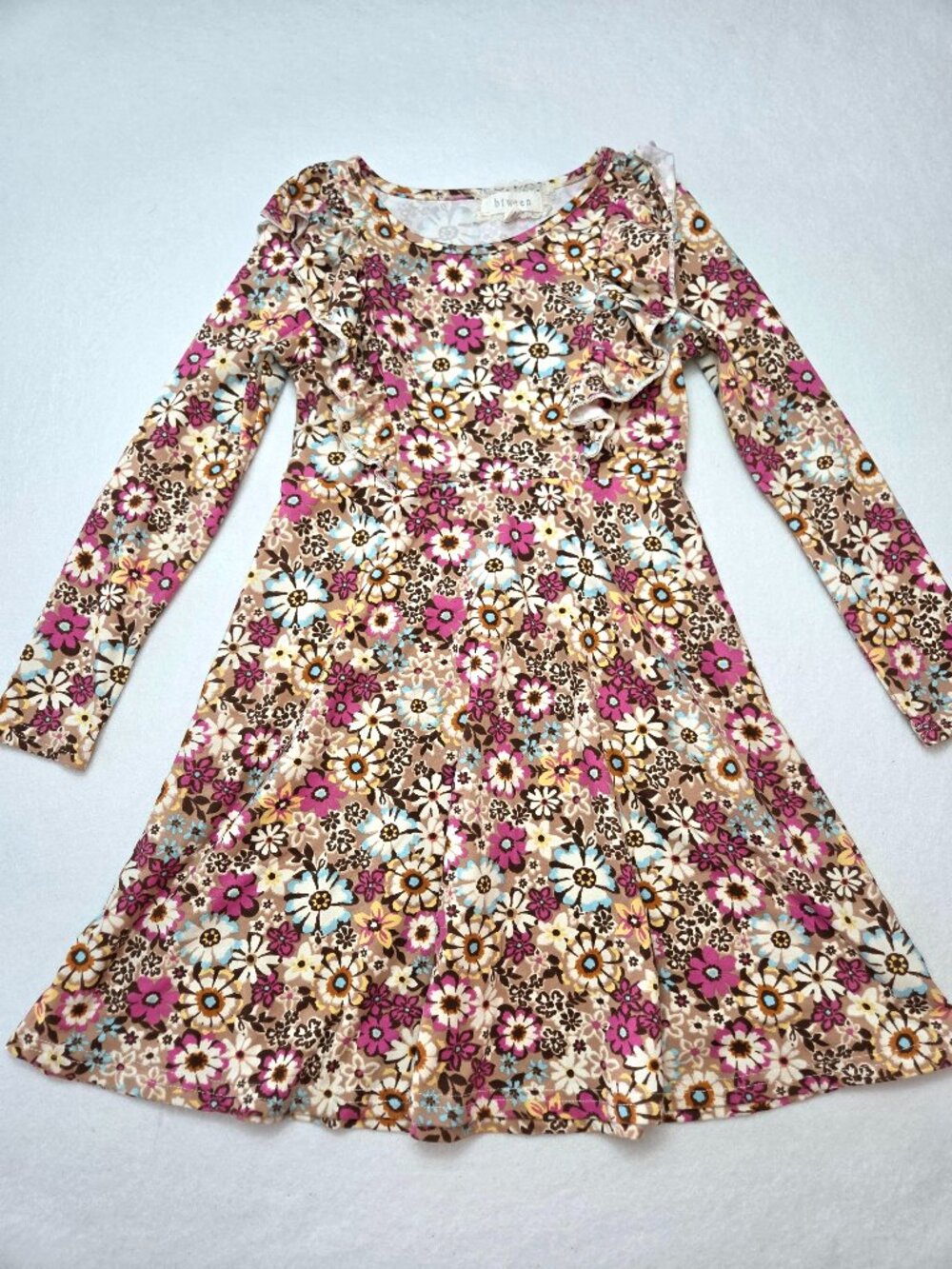 Btween Retro Floral Ruffle Long Sleeve Skater Dress Girls Size 7